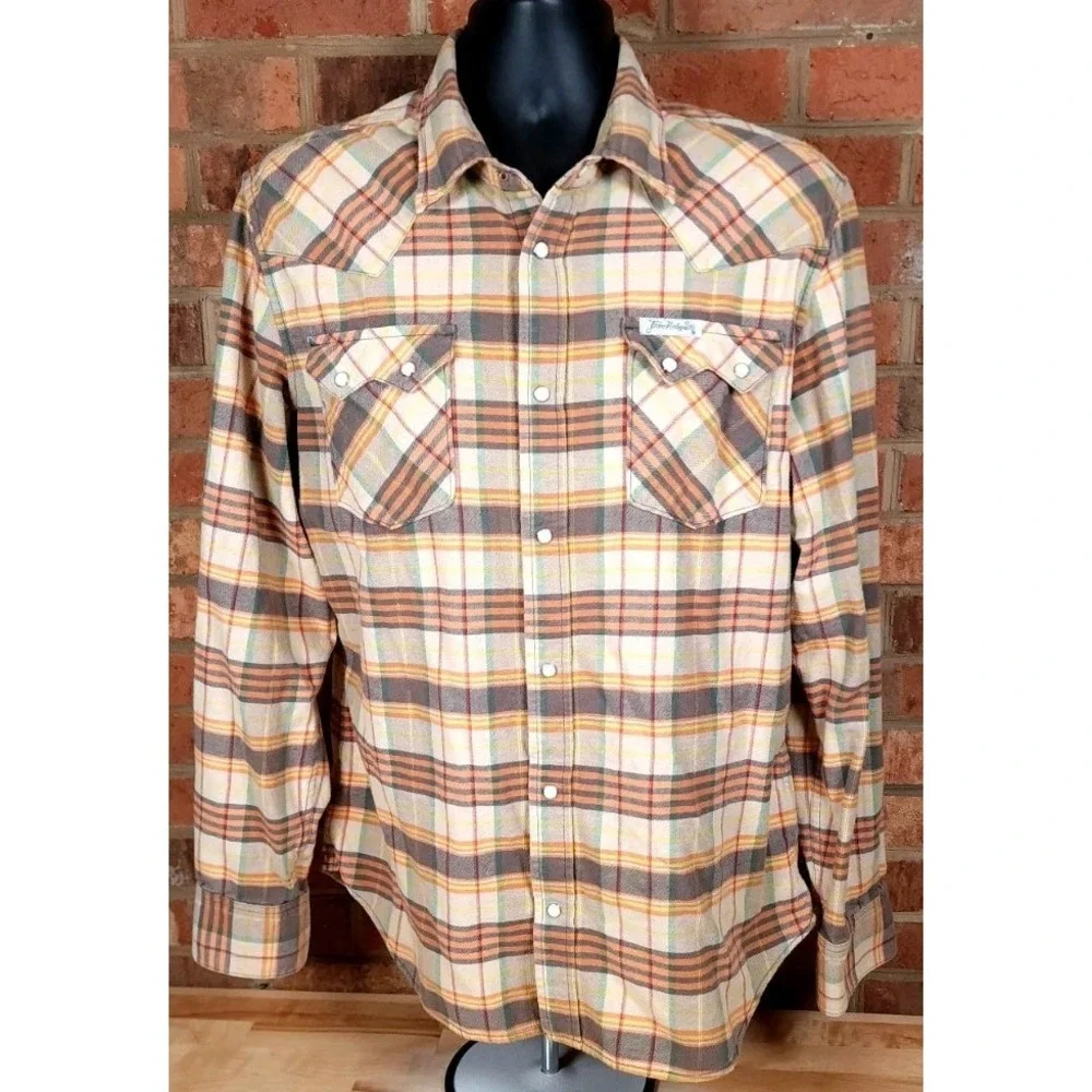 True Religion Shirt Men Tag Size 2XL Fits Large Beige Plaid Pearl Snap